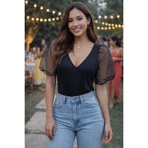 Lulus Queen of Drama Black Organza Puff Sleeve Bodysuit size SMALL New